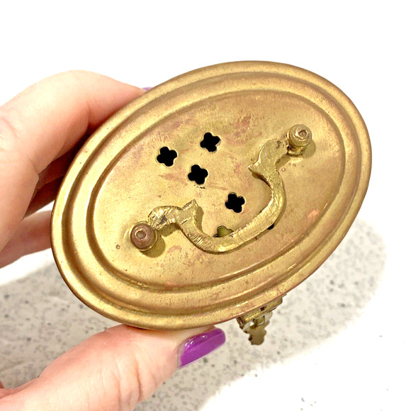 Miniature Brass Cricket Box Top Handle Pierced Metal Oval Hinged Lid Decorative - Picture 7 of 10